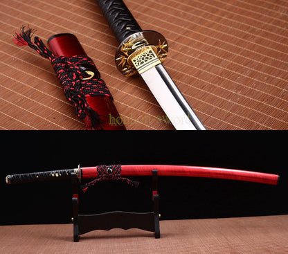 Functional 9260 Spring Steel Katana Japanese Samurai Sword Sharp for Battle Red
