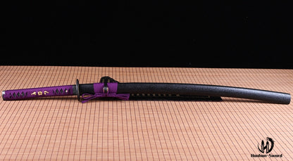 Handgefertigtes japanisches Katana-Iaito-Schwert aus Aluminium mit durchgehender, ungeschärfter Klinge, Schwarz und Lila 