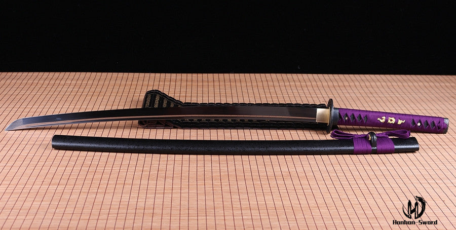 Handgefertigtes japanisches Katana-Iaito-Schwert aus Aluminium mit durchgehender, ungeschärfter Klinge, Schwarz und Lila 