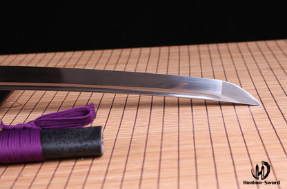 Handgefertigtes japanisches Katana-Iaito-Schwert aus Aluminium mit durchgehender, ungeschärfter Klinge, Schwarz und Lila 