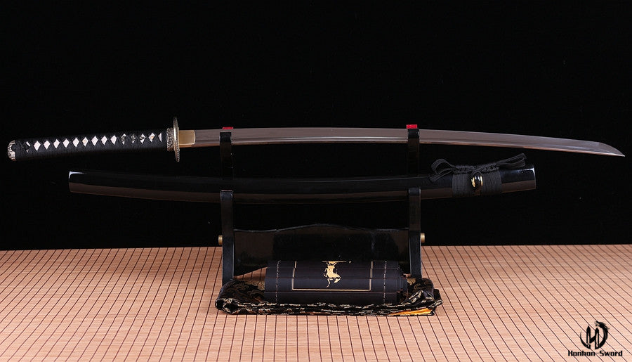 Handgemachtes japanisches Katana-Iaito-Schwert aus Aluminium mit durchgehender, ungeschärfter Klinge und schwarzer 