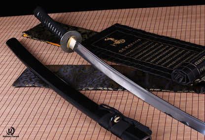 Handgemachtes japanisches Katana-Iaito-Schwert aus Aluminium mit durchgehender, ungeschärfter Klinge und schwarzer 