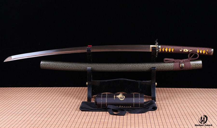 Handgemachtes japanisches Katana-Iaito-Schwert aus Aluminium mit Full Tang und ungeschärfter Klinge, braun 