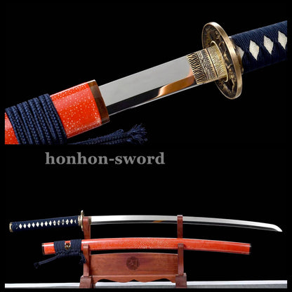 9260 Spring Steel Katana Mirror Polished Japanese Samurai Sword Red Samegawa Saya