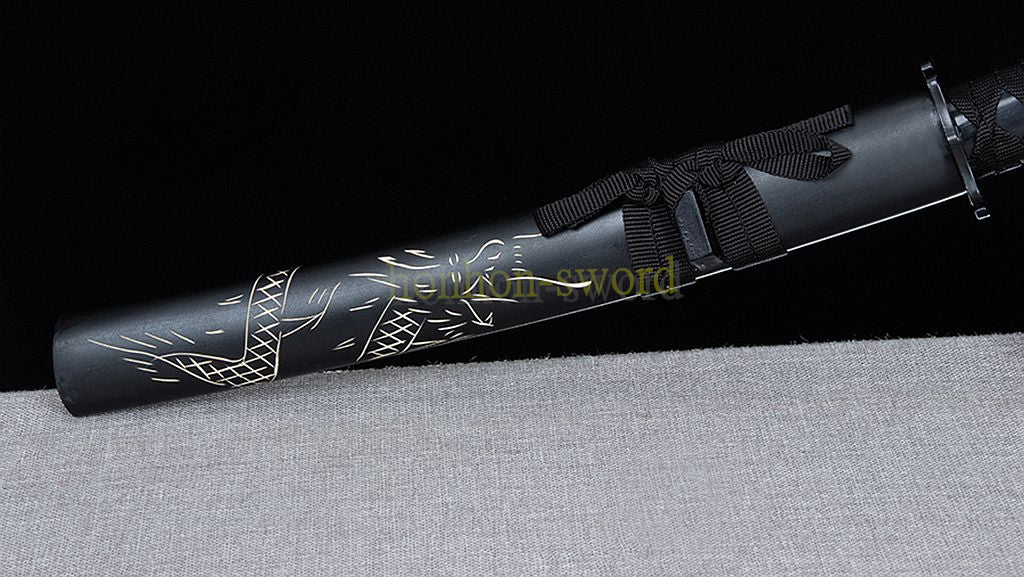 9260 Spring Steel Tanto Japanese Samurai Short Sword Full Tang Battle Ready Engraving Dragon Saya