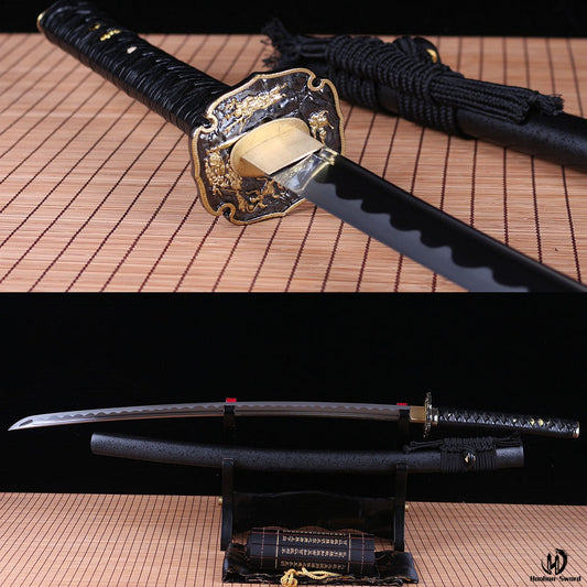 Épée de samouraï japonais Katana en acier à haute teneur en carbone 1095, Dragon Tsuba noir 