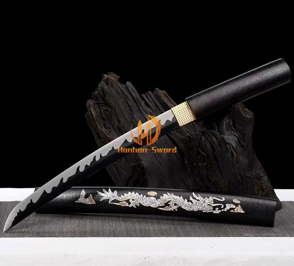 Japanisches Katana-Samurai-Schwert aus hochmanganhaltigem Stahl, Full Tang, kampfbereit, goldene weiße Saya 