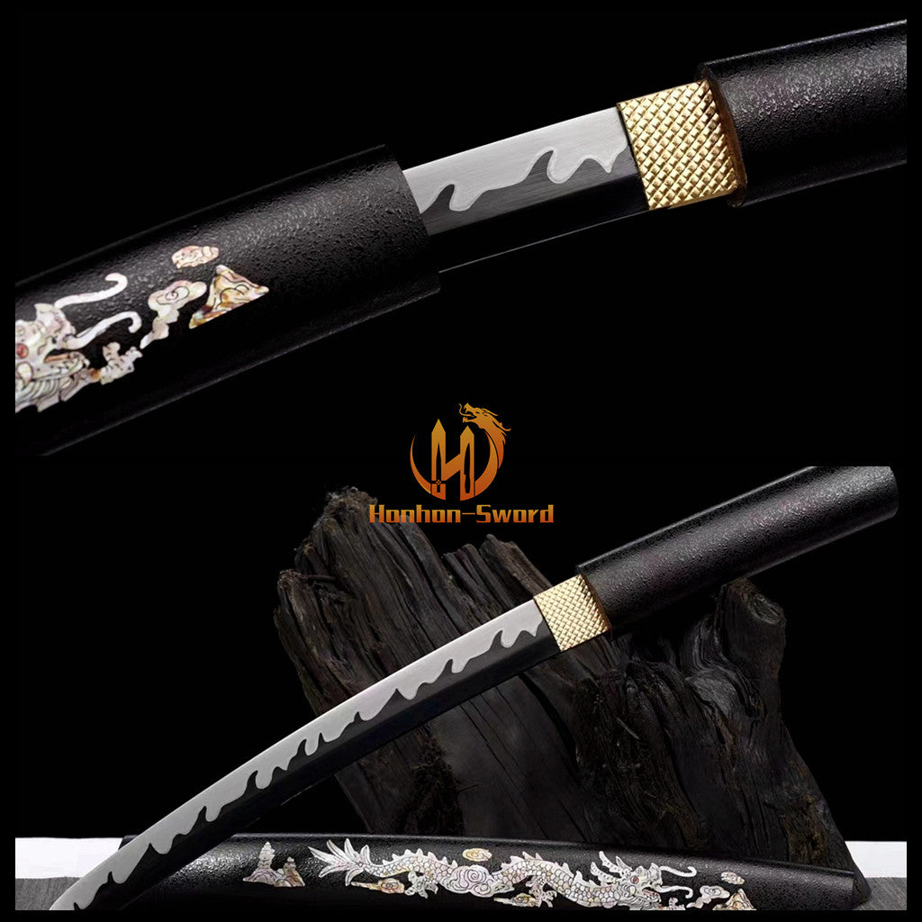 Japanisches Katana-Samurai-Schwert aus hochmanganhaltigem Stahl, Full Tang, kampfbereit, goldene weiße Saya 