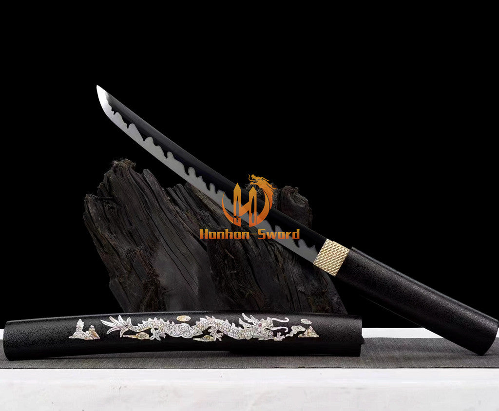 Japanisches Katana-Samurai-Schwert aus hochmanganhaltigem Stahl, Full Tang, kampfbereit, goldene weiße Saya 