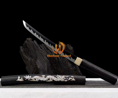 Japanisches Katana-Samurai-Schwert aus hochmanganhaltigem Stahl, Full Tang, kampfbereit, goldene weiße Saya 
