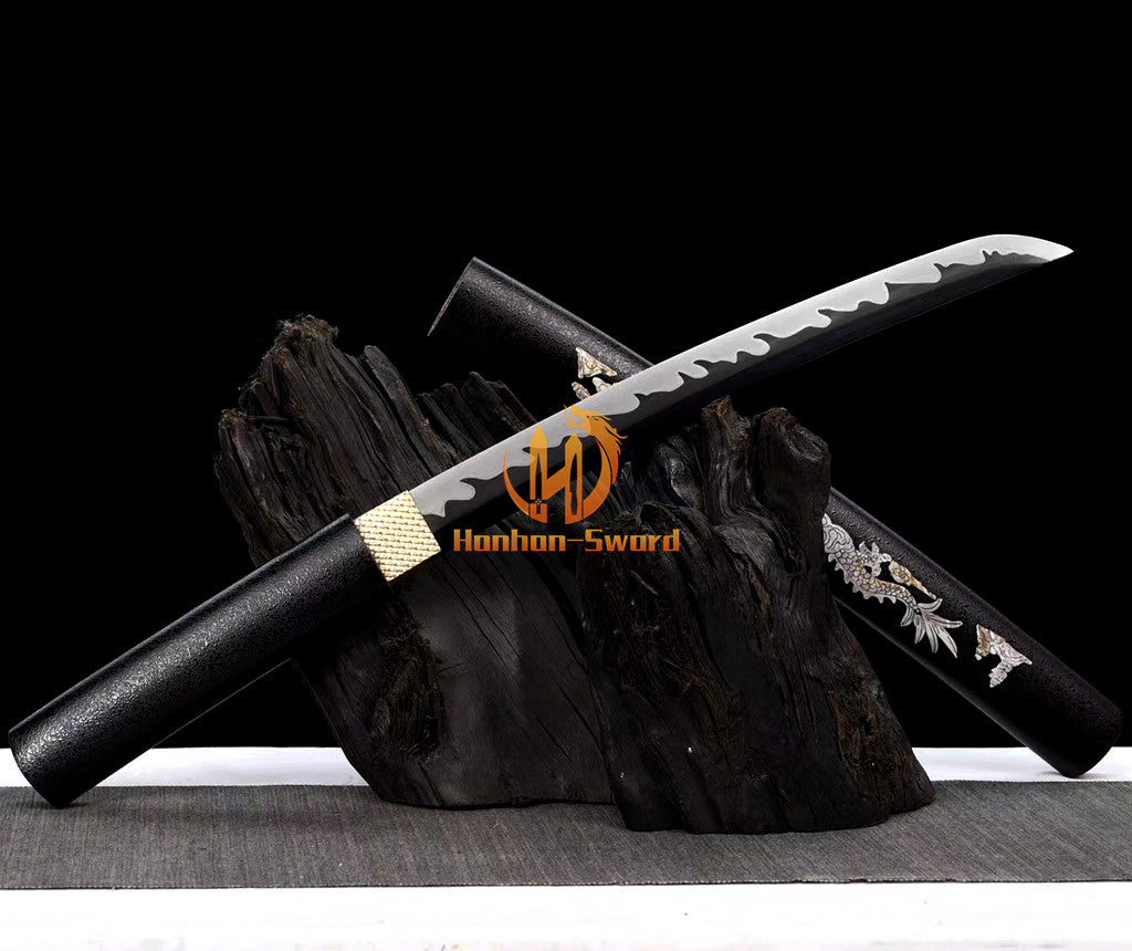 Japanisches Katana-Samurai-Schwert aus hochmanganhaltigem Stahl, Full Tang, kampfbereit, goldene weiße Saya 