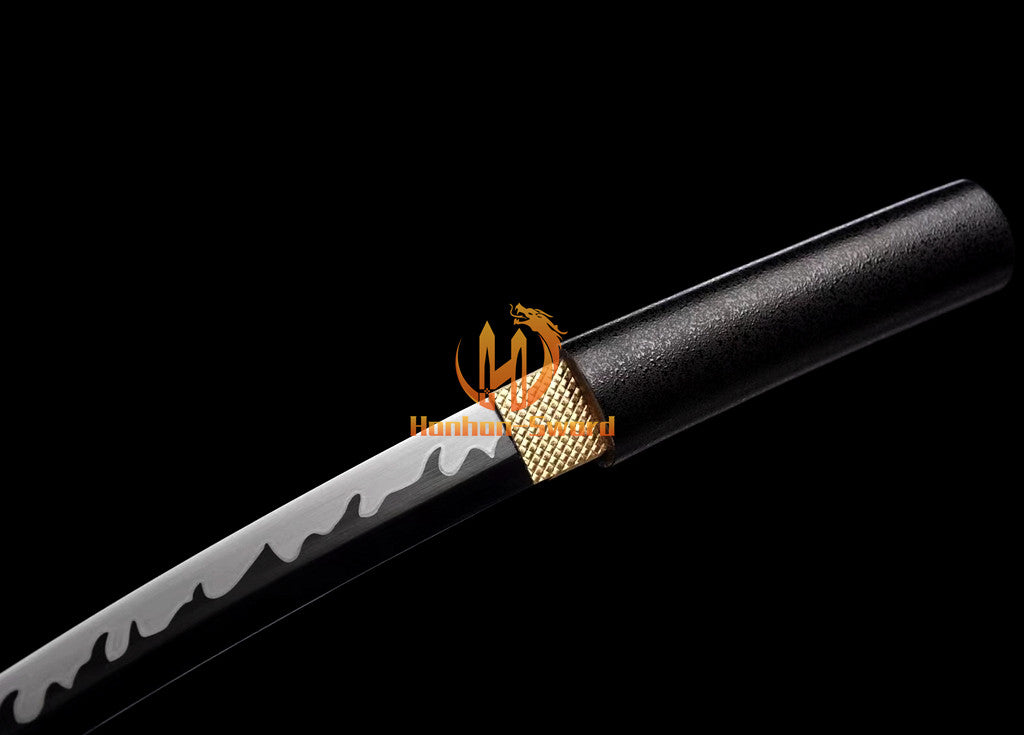 Japanisches Katana-Samurai-Schwert aus hochmanganhaltigem Stahl, Full Tang, kampfbereit, goldene weiße Saya 