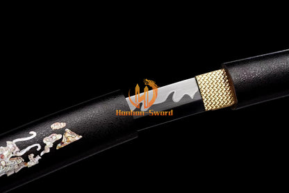 Japanisches Katana-Samurai-Schwert aus hochmanganhaltigem Stahl, Full Tang, kampfbereit, goldene weiße Saya 