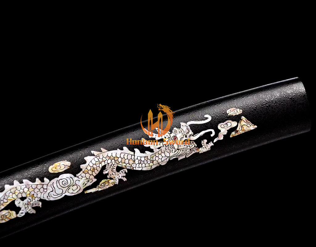 Japanisches Katana-Samurai-Schwert aus hochmanganhaltigem Stahl, Full Tang, kampfbereit, goldene weiße Saya 