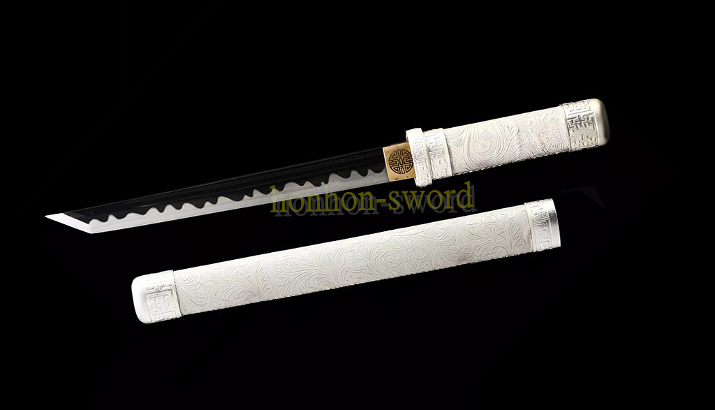 1095 High Carbon Steel Straight Tanto Japanese Samurai Short Sword Full Tang White Leather Saya