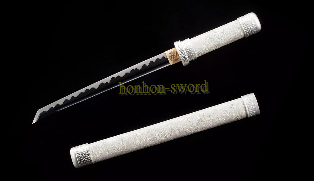 1095 High Carbon Steel Straight Tanto Japanese Samurai Short Sword Full Tang White Leather Saya