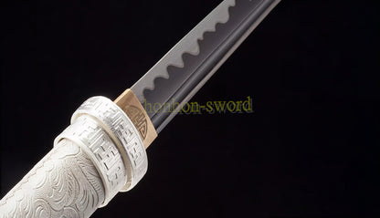 1095 High Carbon Steel Straight Tanto Japanese Samurai Short Sword Full Tang White Leather Saya