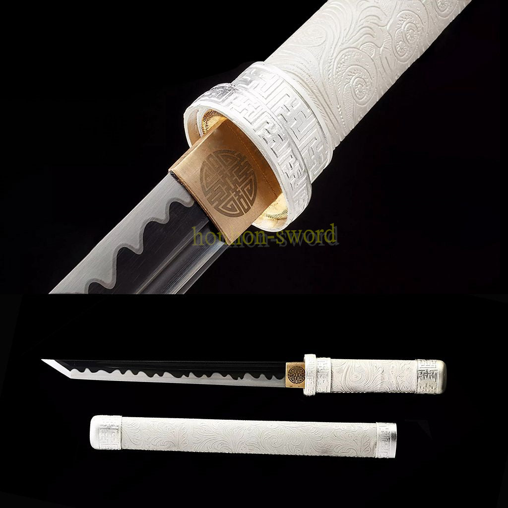 1095 High Carbon Steel Straight Tanto Japanese Samurai Short Sword Full Tang White Leather Saya