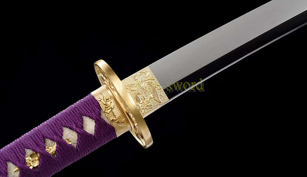 L6 Steel Mirror Polished Katana Japanese Samurai Sword Hand Forge for Battle Purple