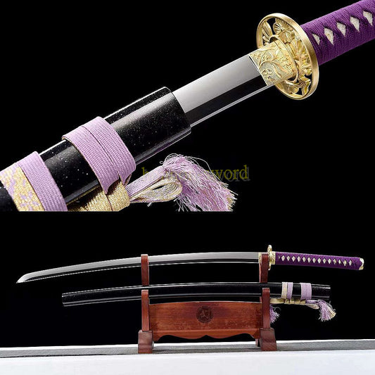 L6 Steel Mirror Polished Katana Japanese Samurai Sword Hand Forge for Battle Purple