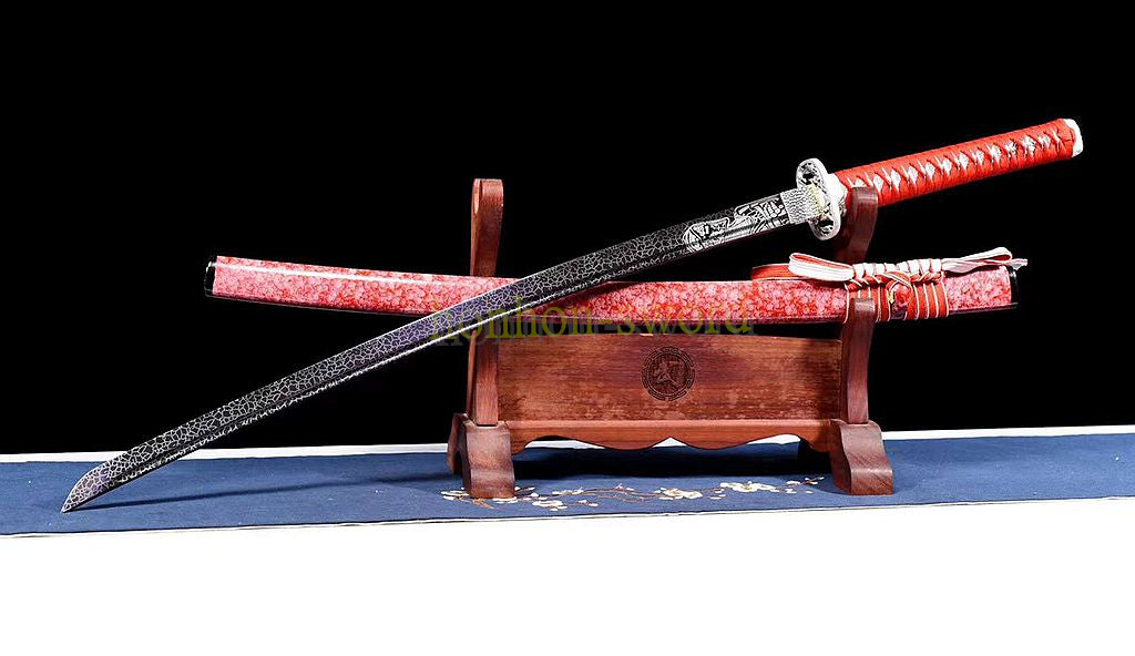 1095 Kohlenstoffstahl Katana Blaue Klinge Japanisches Samurai-Schwert Full Tang Schwarz 