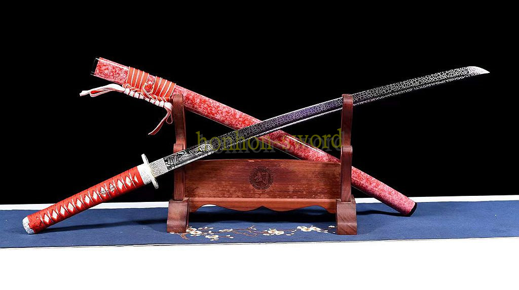 1095 Kohlenstoffstahl Katana Blaue Klinge Japanisches Samurai-Schwert Full Tang Schwarz 