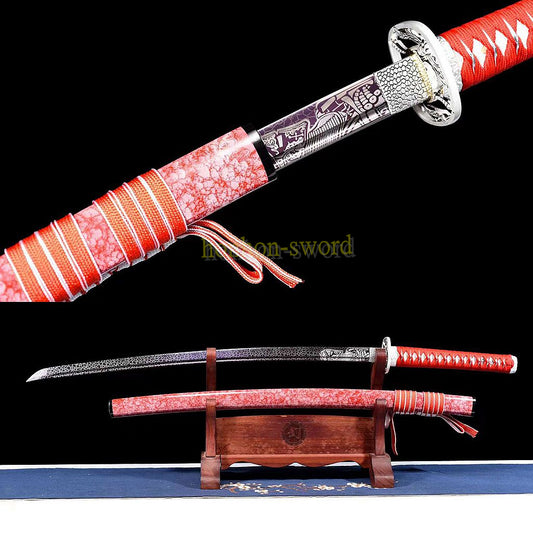 1095 High Carbon Steel Red Katana Japanese Samurai Sword Full Tang Sword Purple Blade