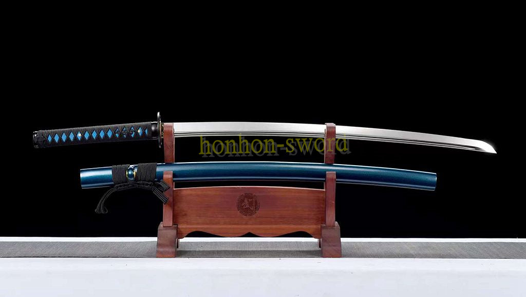 L6 Steel Mirror Polished Katana Japanese Samurai Sword Hand Forge for Battle Blue