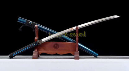 L6 Steel Mirror Polished Katana Japanese Samurai Sword Hand Forge for Battle Blue