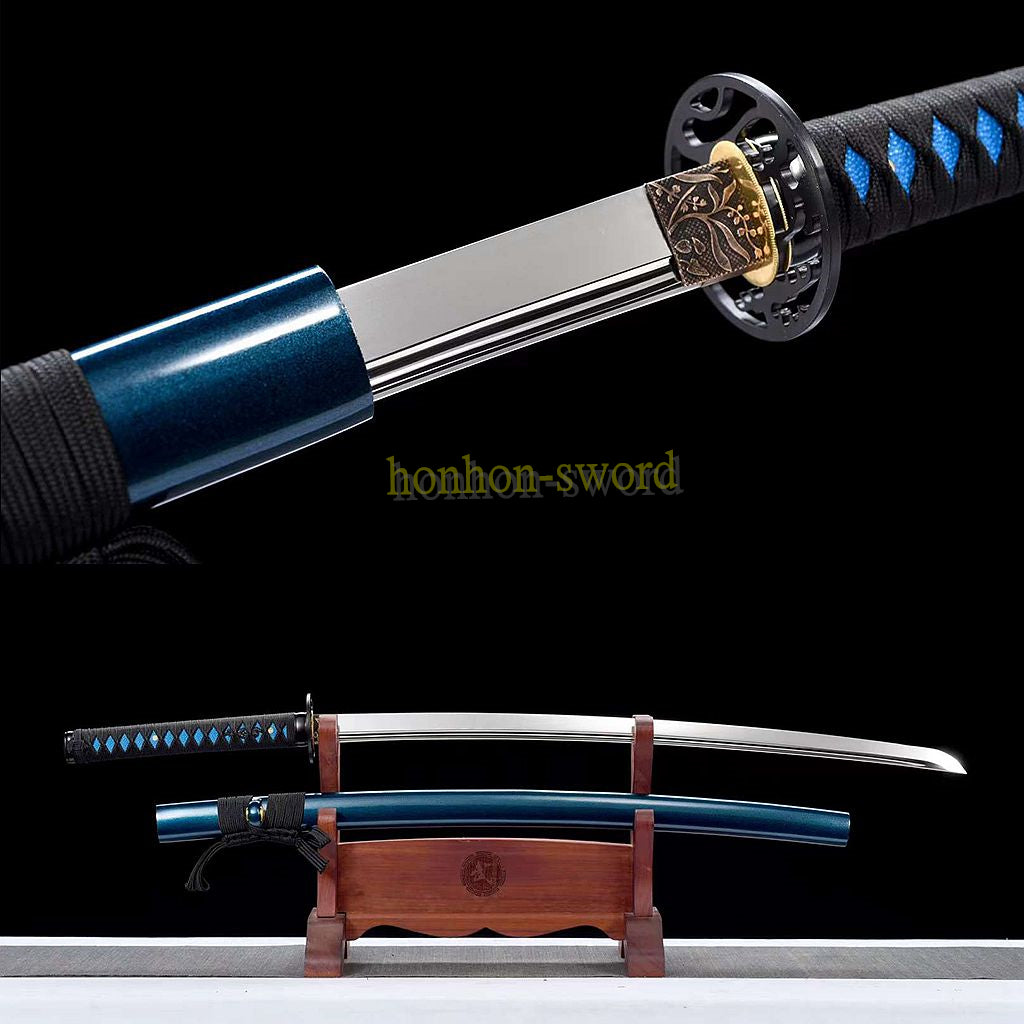 L6 Steel Mirror Polished Katana Japanese Samurai Sword Hand Forge for Battle Blue