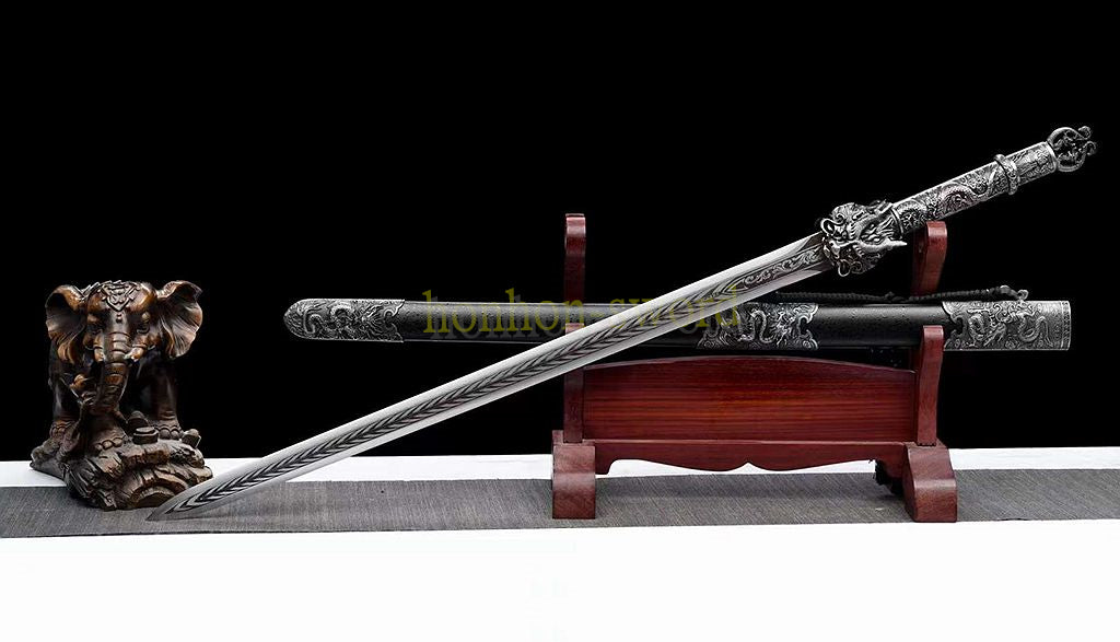 High Manganese Steel Dragon King Jian Chinese Jian Sword Full Tang Battle Ready Black