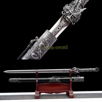 High Manganese Steel Dragon King Jian Chinese Jian Sword Full Tang Battle Ready Black