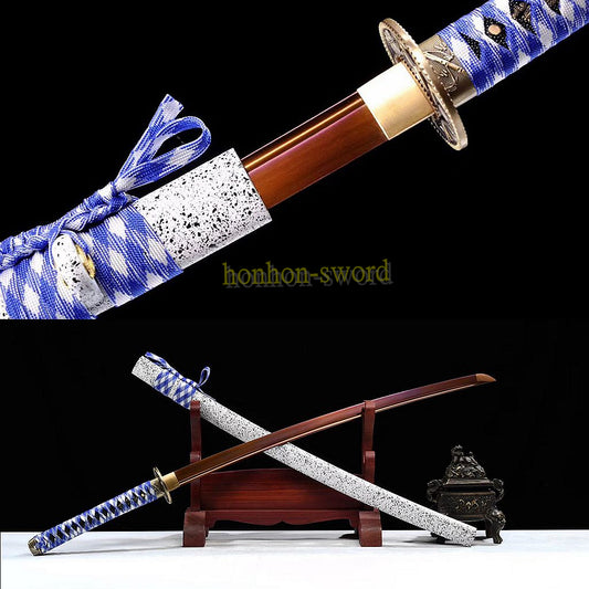 High Manganese Steel Katana Japanese Samurai Sword Full Tang Battle Ready Golden White Saya