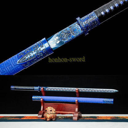 High Manganese Steel Han Jian Chinese Jian Sword Full Tang Battle Ready Blue Blade