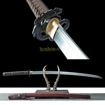 T10 Kohlenstoffstahl Katana Japanisches Samurai-Schwert Iron Dragon Full Tang Schwert Rot 