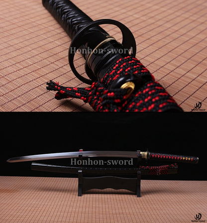 1095 Kohlenstoffstahl Kogarasu Maru Katana Japanisches Samurai-Schwert Full Tang Kampfbereit Schwarz 