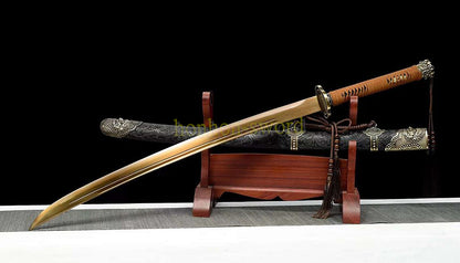 Épée chinoise Dao Qing Dao brodée en acier à haute teneur en manganèse, lame dorée prête pour la bataille 