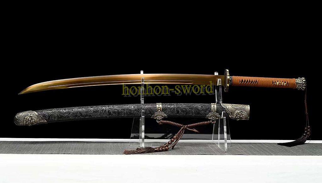 Épée chinoise Dao Qing Dao brodée en acier à haute teneur en manganèse, lame dorée prête pour la bataille 