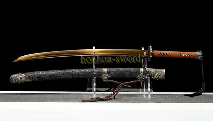 Épée chinoise Dao Qing Dao brodée en acier à haute teneur en manganèse, lame dorée prête pour la bataille 