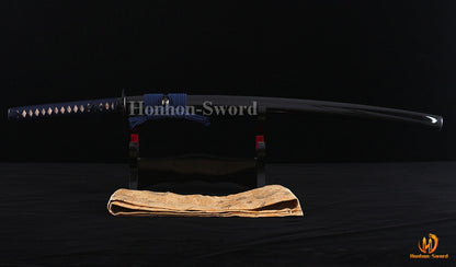 1095 Kohlenstoffstahl Katana Blaue Klinge Japanisches Samurai-Schwert Full Tang Schwarz 