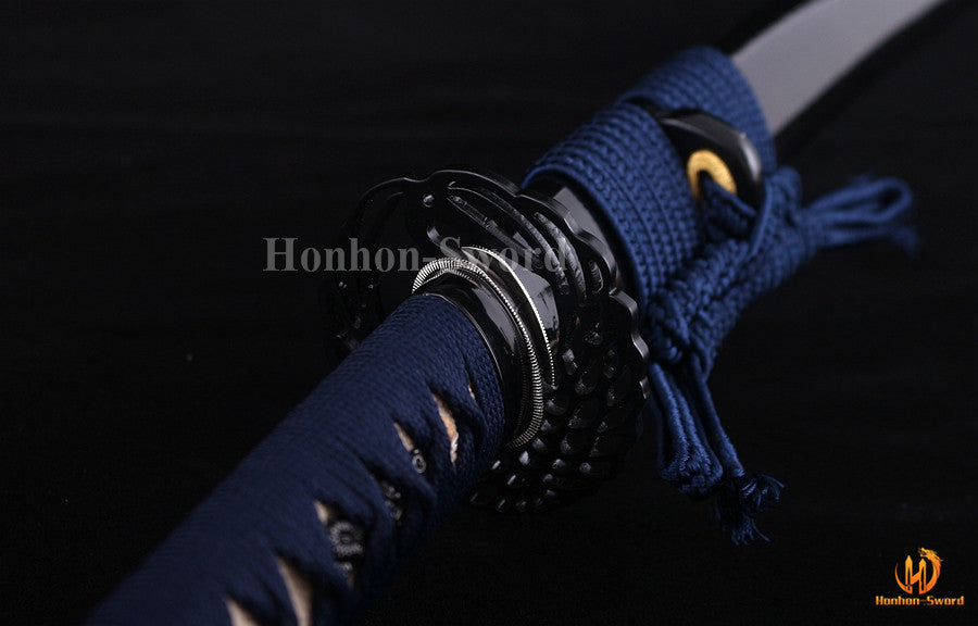1095 Kohlenstoffstahl Katana Blaue Klinge Japanisches Samurai-Schwert Full Tang Schwarz 