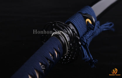 1095 Kohlenstoffstahl Katana Blaue Klinge Japanisches Samurai-Schwert Full Tang Schwarz 