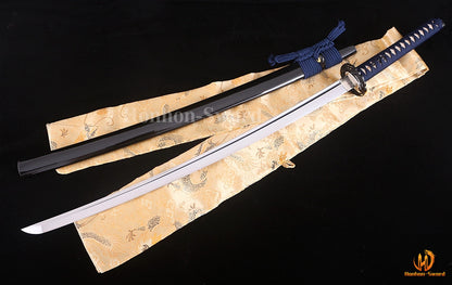 1095 Kohlenstoffstahl Katana Blaue Klinge Japanisches Samurai-Schwert Full Tang Schwarz 