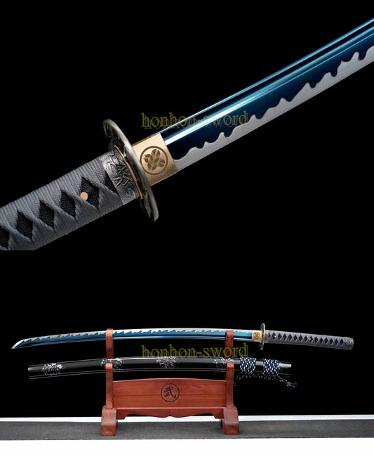 1095 Kohlenstoffstahl Katana Blaue Klinge Japanisches Samurai-Schwert Full Tang Schwarz 