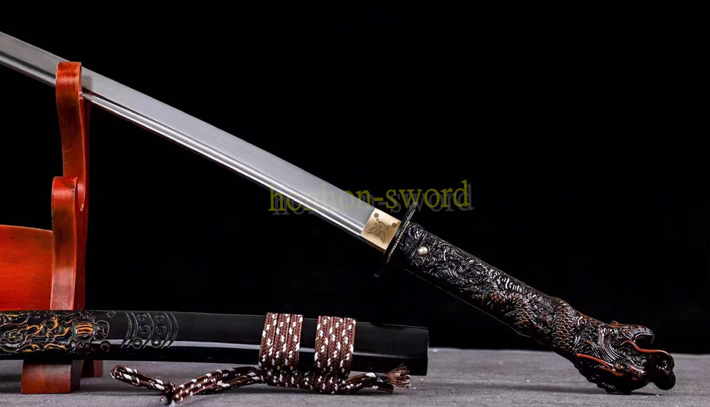 1095 Kohlenstoffstahl Katana Blaue Klinge Japanisches Samurai-Schwert Full Tang Schwarz 