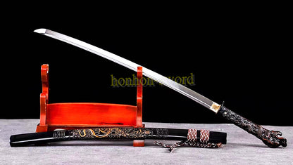 1095 Kohlenstoffstahl Katana Blaue Klinge Japanisches Samurai-Schwert Full Tang Schwarz 