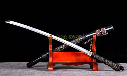 1095 Kohlenstoffstahl Katana Blaue Klinge Japanisches Samurai-Schwert Full Tang Schwarz 