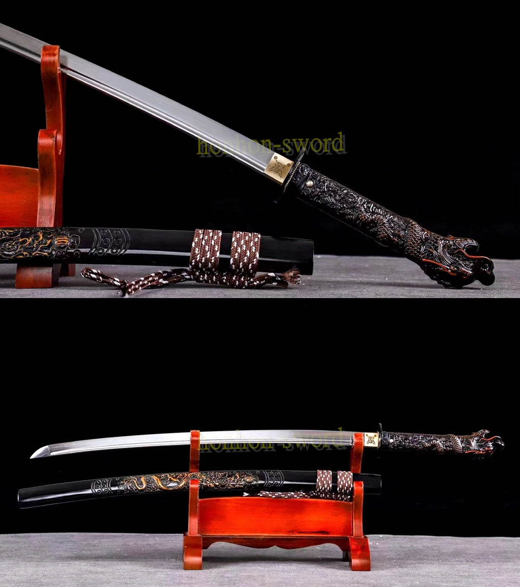 1095 Kohlenstoffstahl Katana Blaue Klinge Japanisches Samurai-Schwert Full Tang Schwarz 