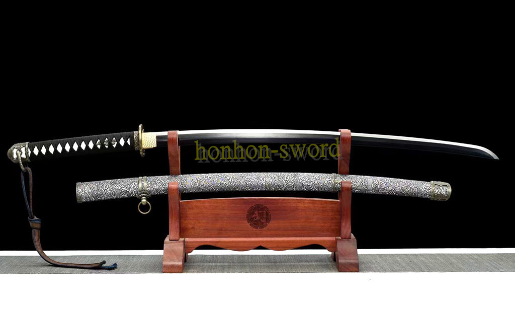 1095 Kohlenstoffstahl Katana Blaue Klinge Japanisches Samurai-Schwert Full Tang Schwarz 