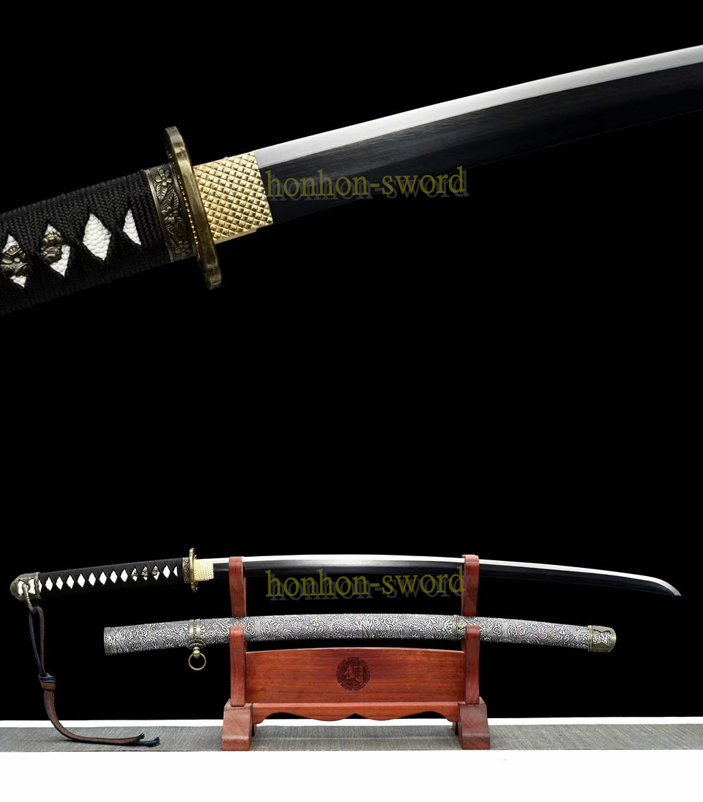 1095 Kohlenstoffstahl Katana Blaue Klinge Japanisches Samurai-Schwert Full Tang Schwarz 